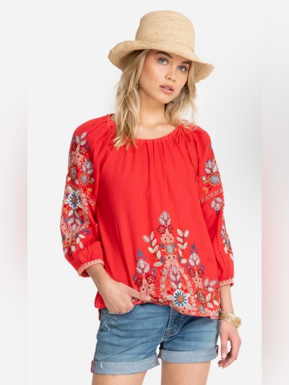 Johnny Was Maisie Peasant Tie Embroidered Blouse Linen Boho Coral Size Small - Picture 1 of 16